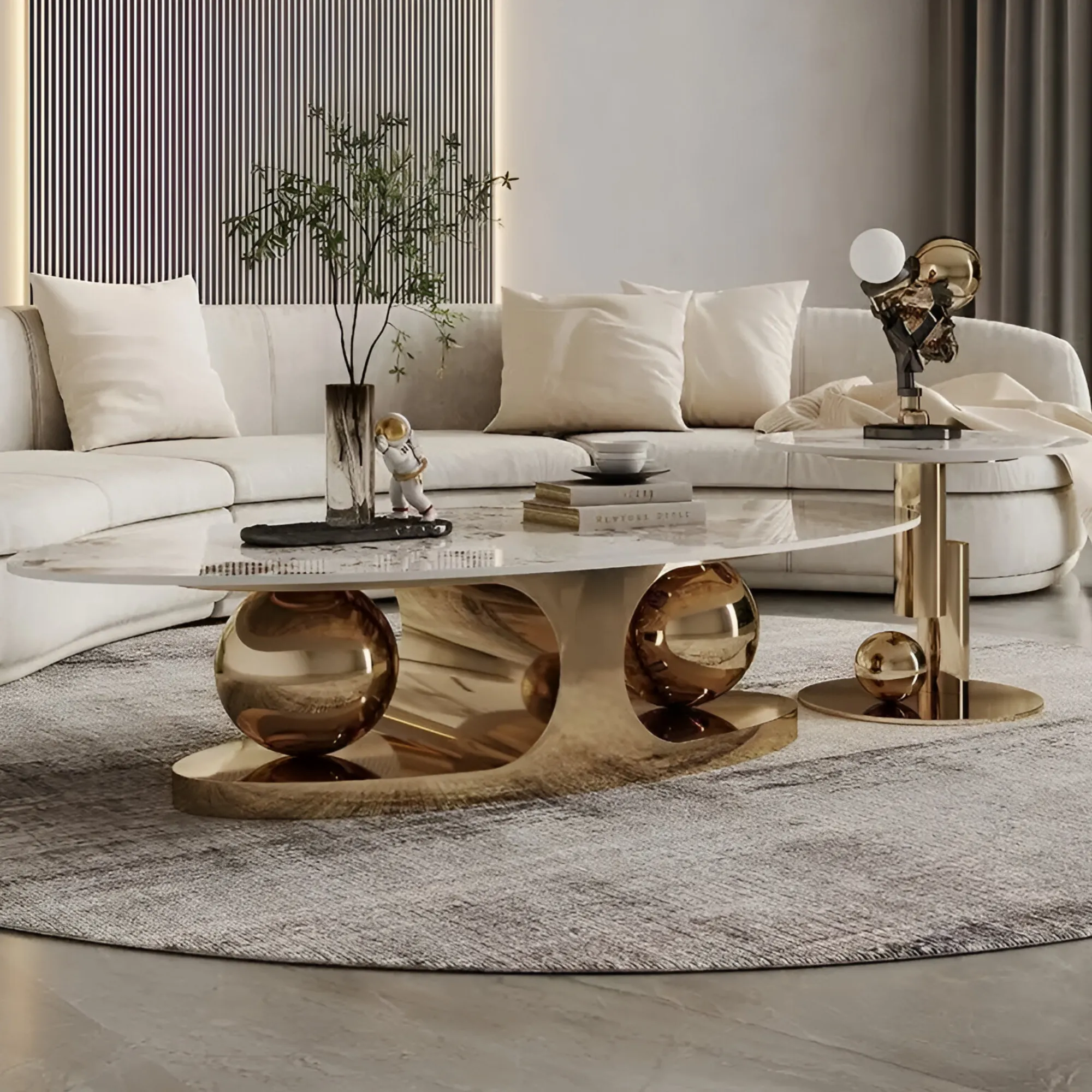 Living Room Sintered Stone Oval And Round Coffee Table With Steel Base