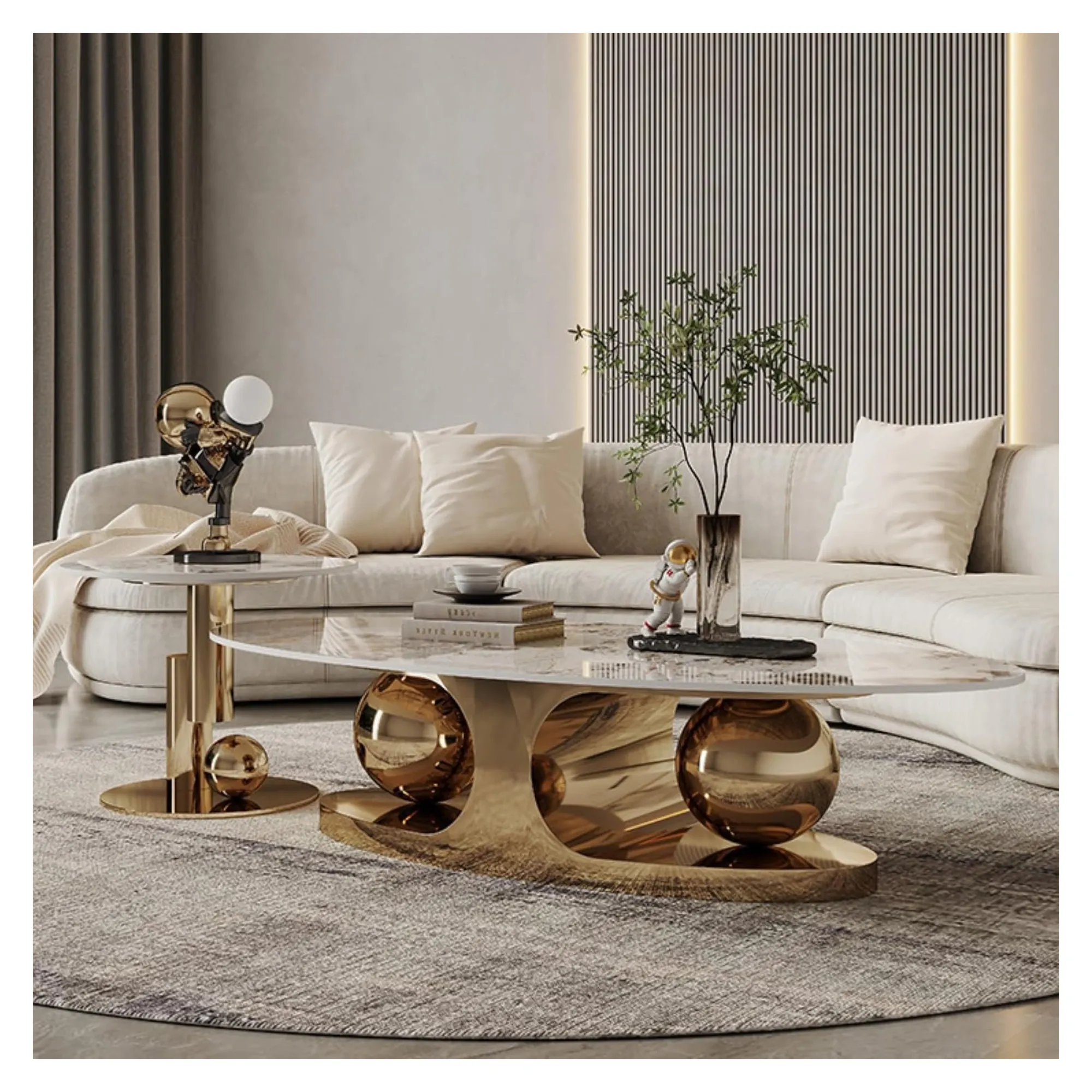 Living Room Sintered Stone Oval And Round Coffee Table With Steel Base