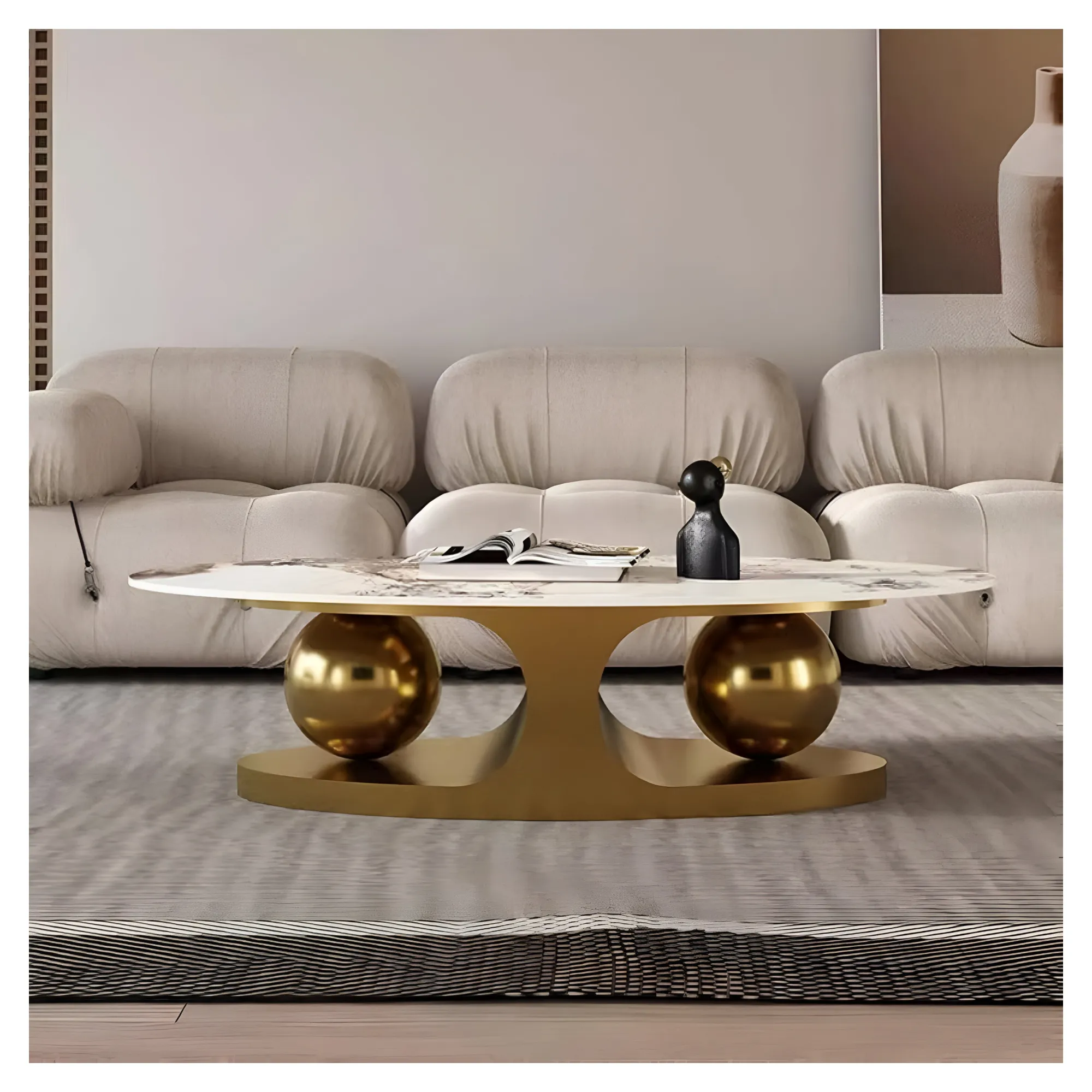 Living Room Sintered Stone Oval And Round Coffee Table With Steel Base