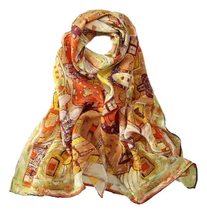 Long Crepe Silk Scarf Orange Theme Classic Painting LSZ023