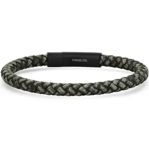 Men's Braided Black/Gray Leather and Black IP Stainless Steel Clasp Bracelet