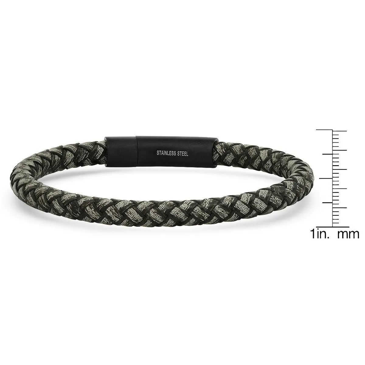 Men's Braided Black/Gray Leather and Black IP Stainless Steel Clasp Bracelet