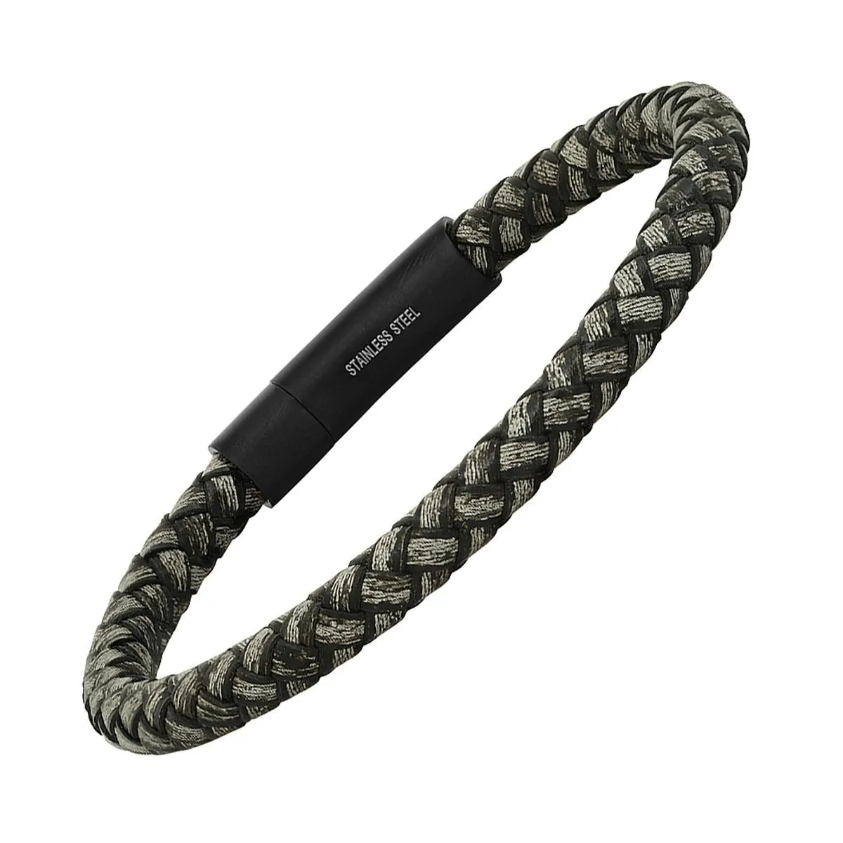 Men's Braided Black/Gray Leather and Black IP Stainless Steel Clasp Bracelet