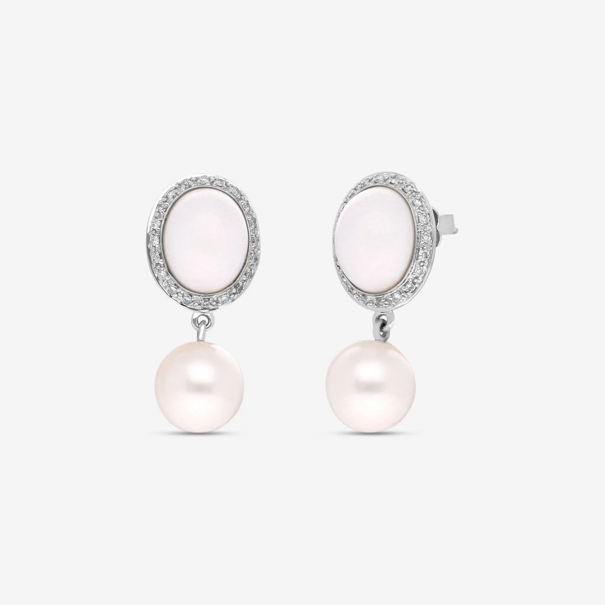 Mimi Milano Leela 18K White Gold, Diamond, White Agate & Pearl Drop Earrings O319C1A1B-PS