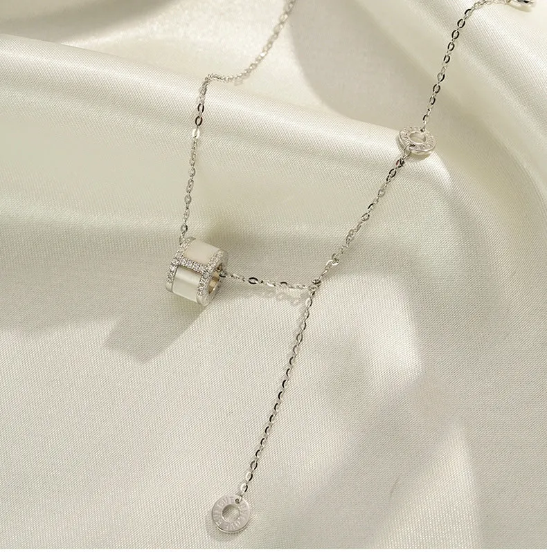 Mother of Pearl Circle Ring Zircon Tassel Silver Necklace