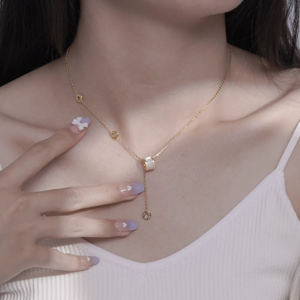 Mother of Pearl Circle Ring Zircon Tassel Silver Necklace