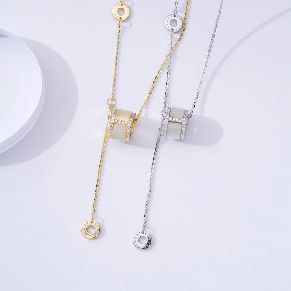 Mother of Pearl Circle Ring Zircon Tassel Silver Necklace