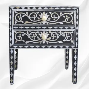 Mother Of Pearl Inlay Bedside 2 Drawer Lotus Design Black