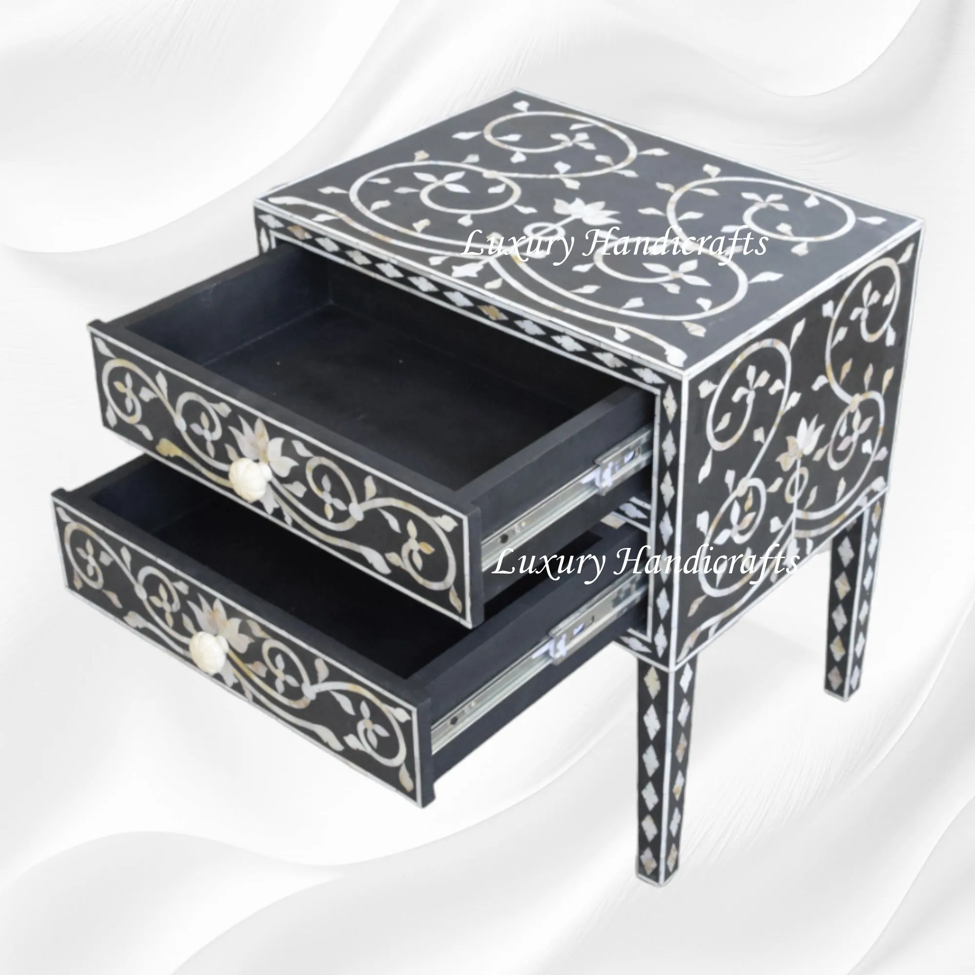 Mother Of Pearl Inlay Bedside 2 Drawer Lotus Design Black