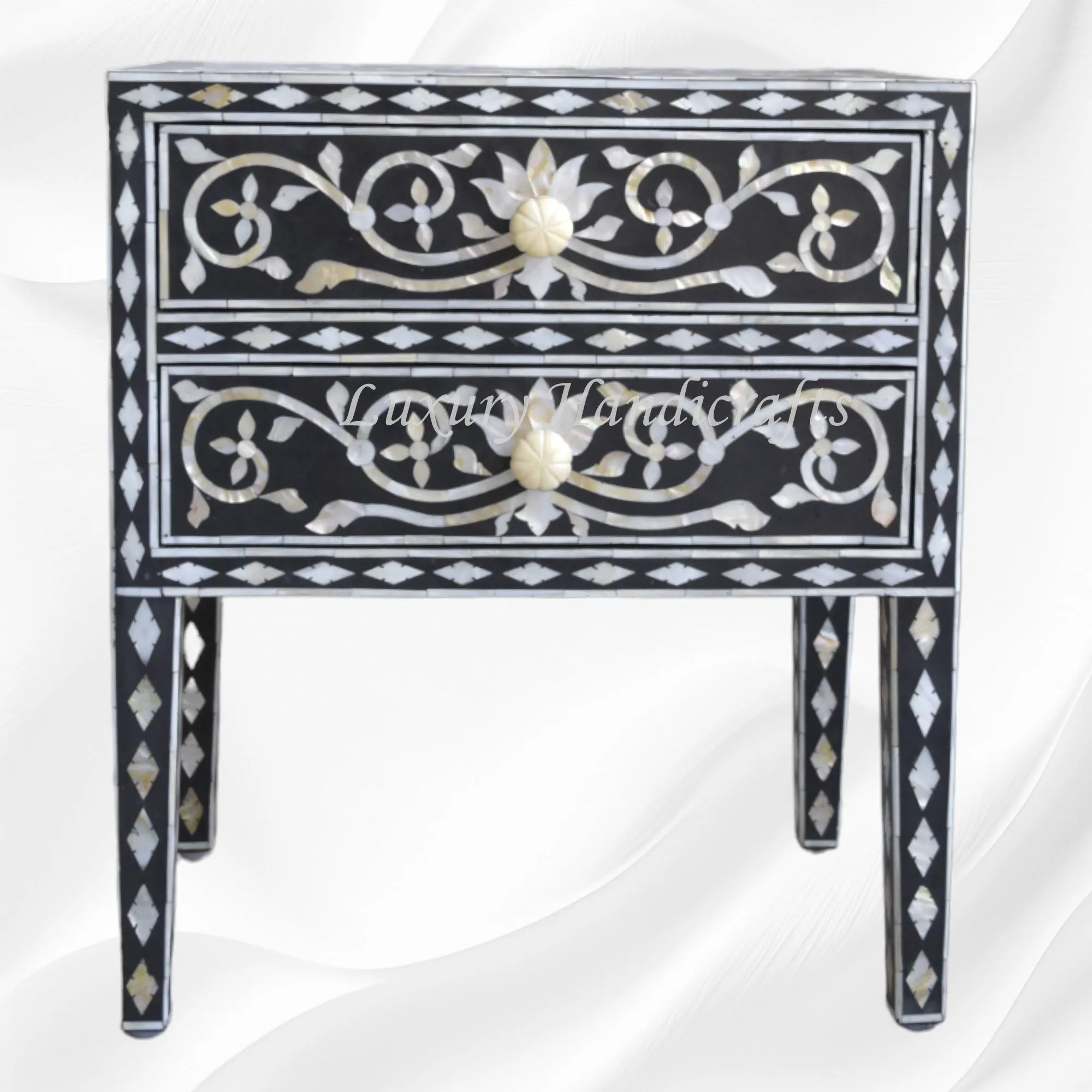 Mother Of Pearl Inlay Bedside 2 Drawer Lotus Design Black
