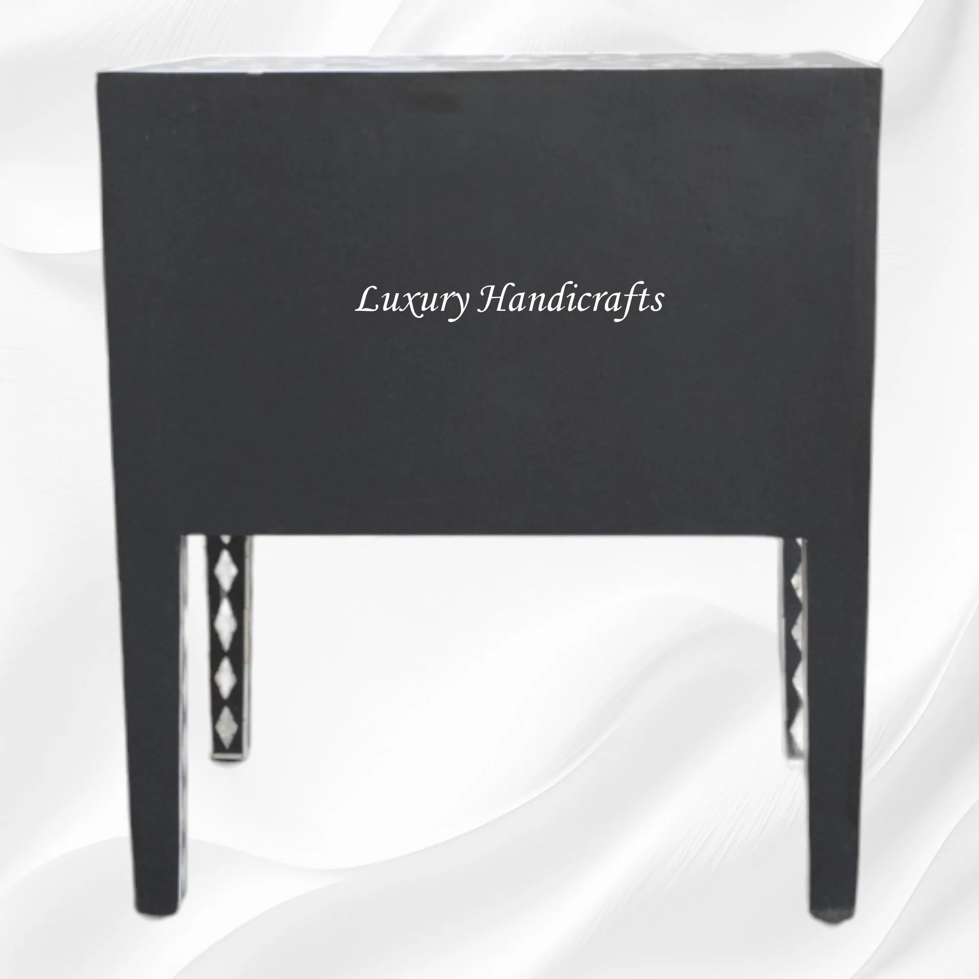 Mother Of Pearl Inlay Bedside 2 Drawer Lotus Design Black