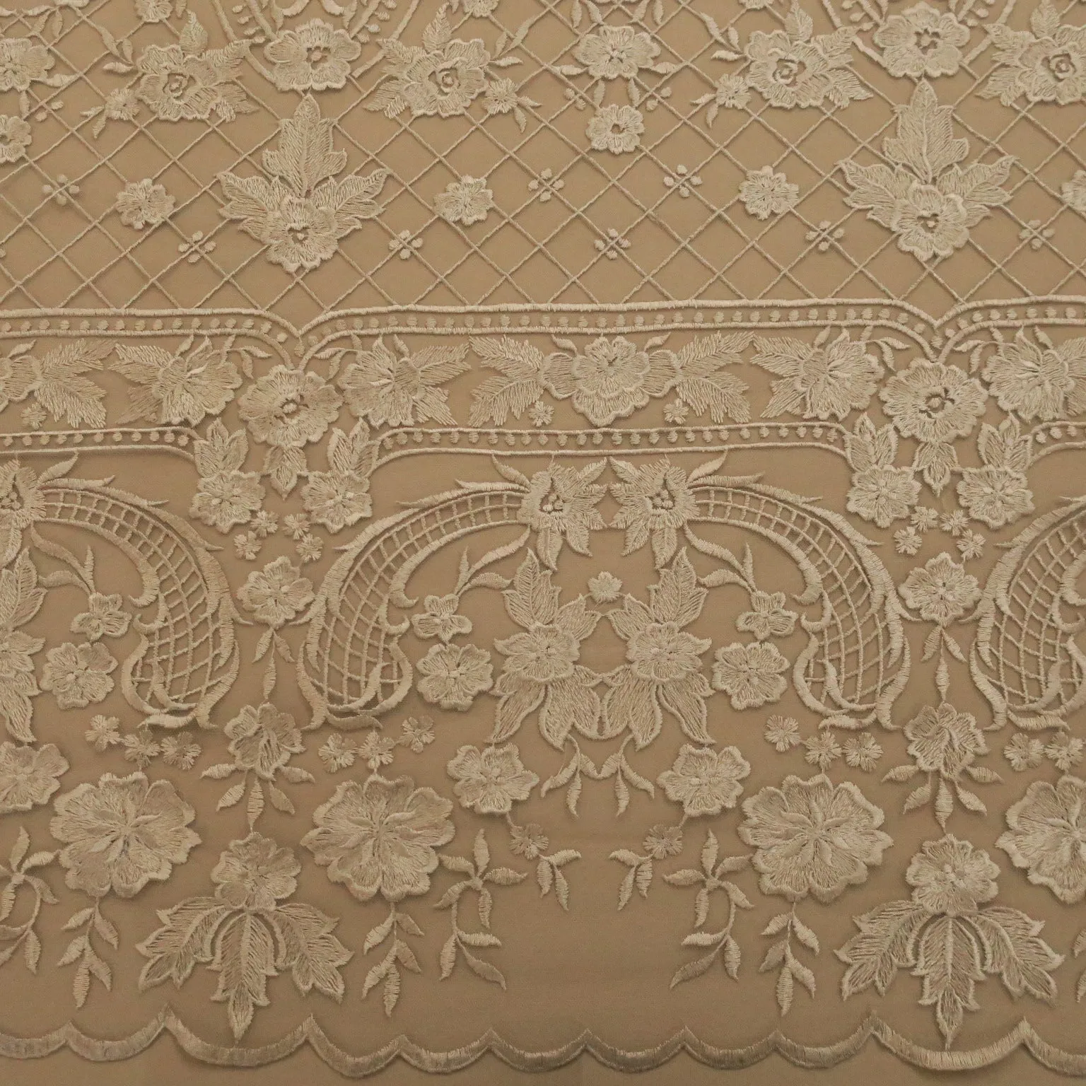 Nude with Beige Geometric Embroidered Tulle Fabric