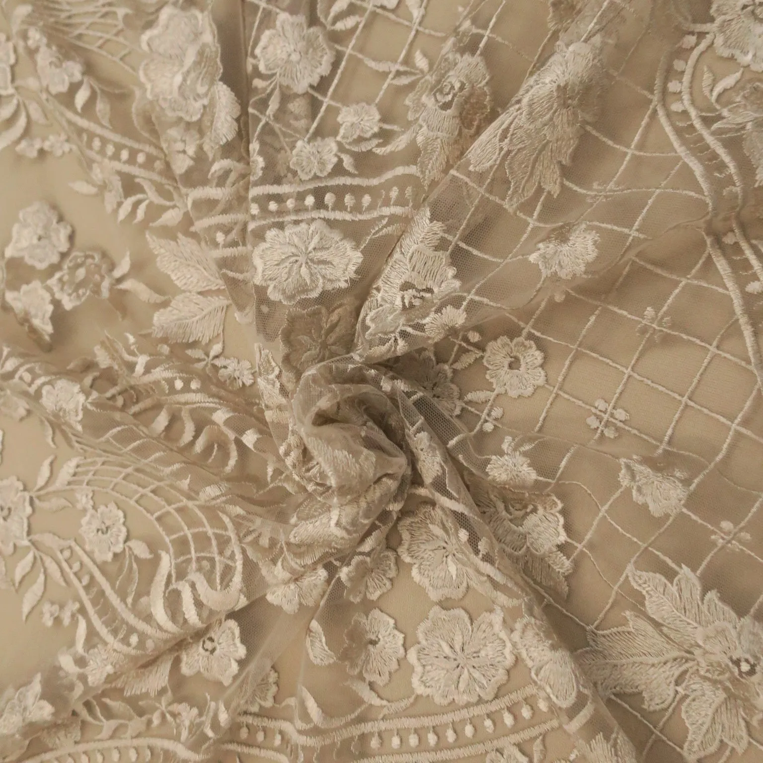 Nude with Beige Geometric Embroidered Tulle Fabric