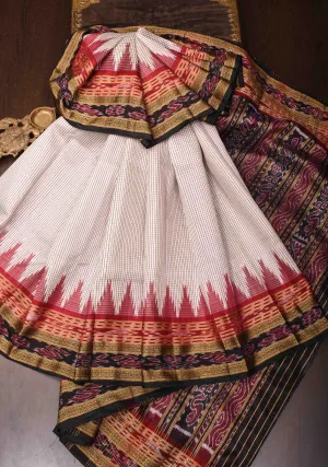 Off-White Handloom Checks Sambalpuri Ikkat Silk Saree with Contrast Border and Pallu | SILK MARK CERTIFIED