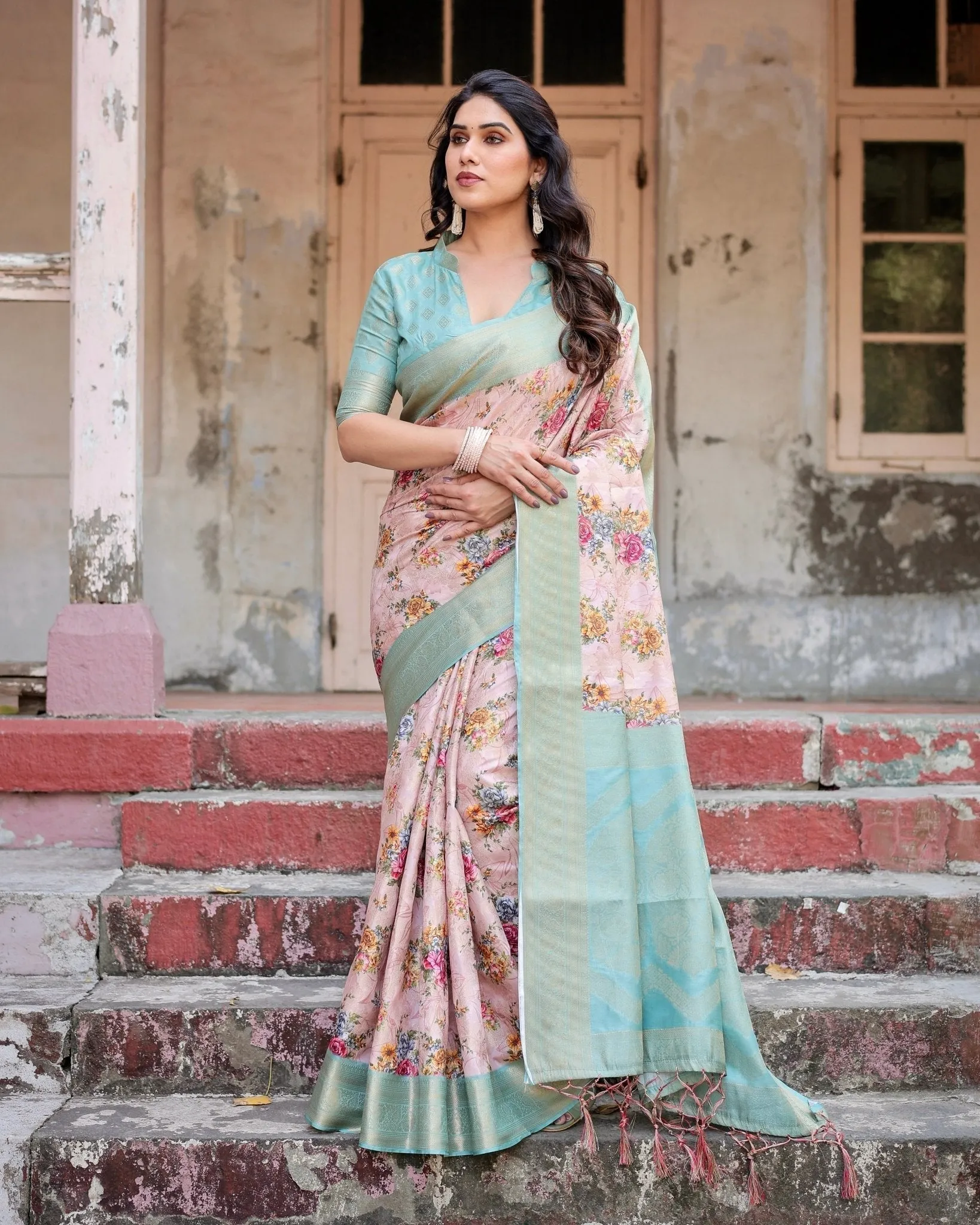 Pink and Green Floral Digital Print Banarasi Silk Saree with Zari Weave and Tassel Pallu