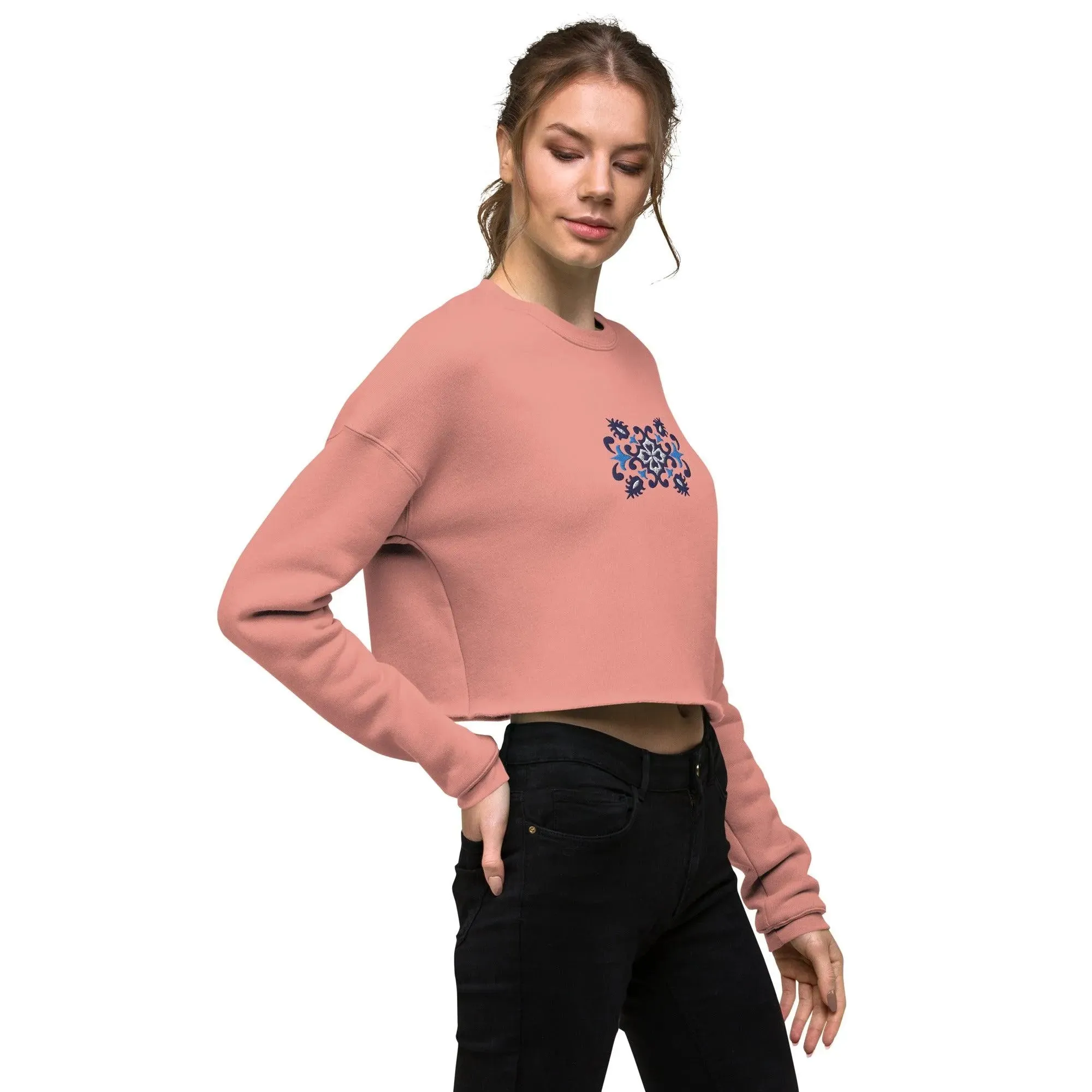 Portuguese Azulejo Tile Motif Cropped Sweatshirt
