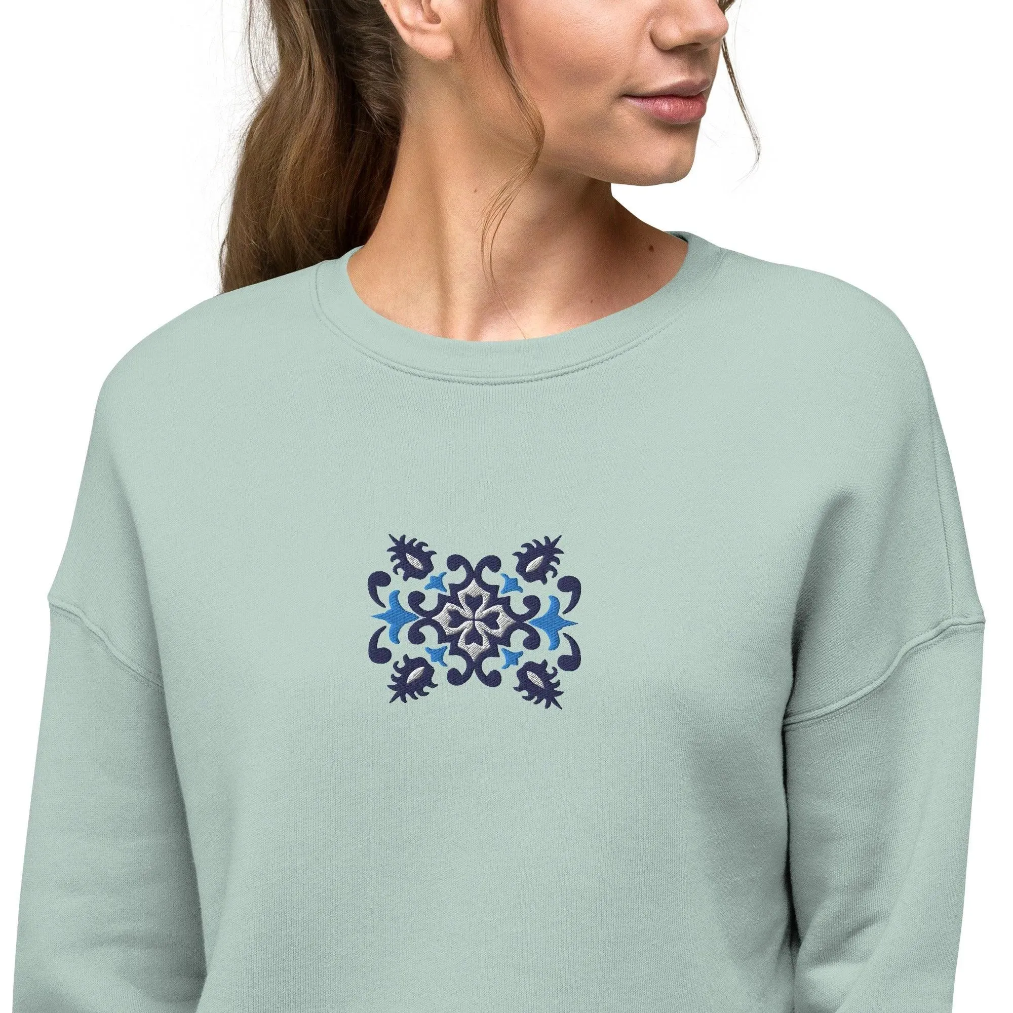 Portuguese Azulejo Tile Motif Cropped Sweatshirt