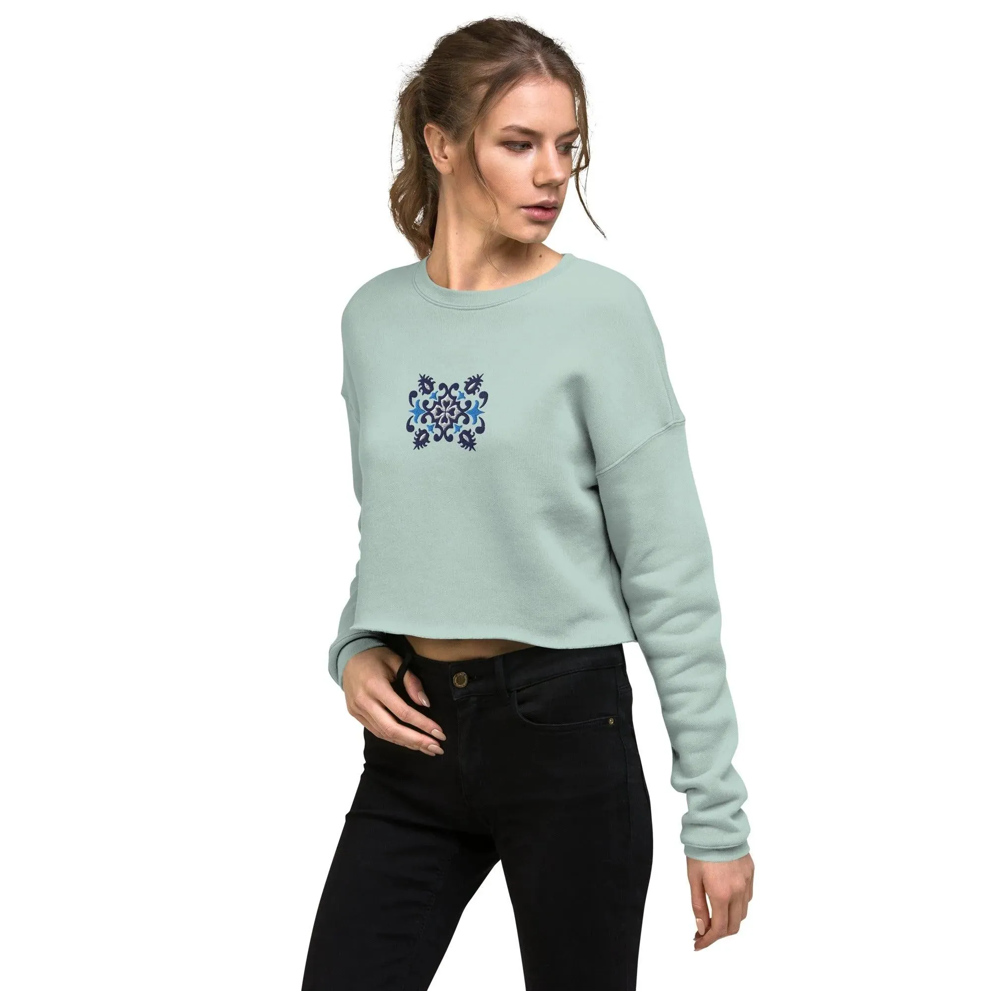 Portuguese Azulejo Tile Motif Cropped Sweatshirt