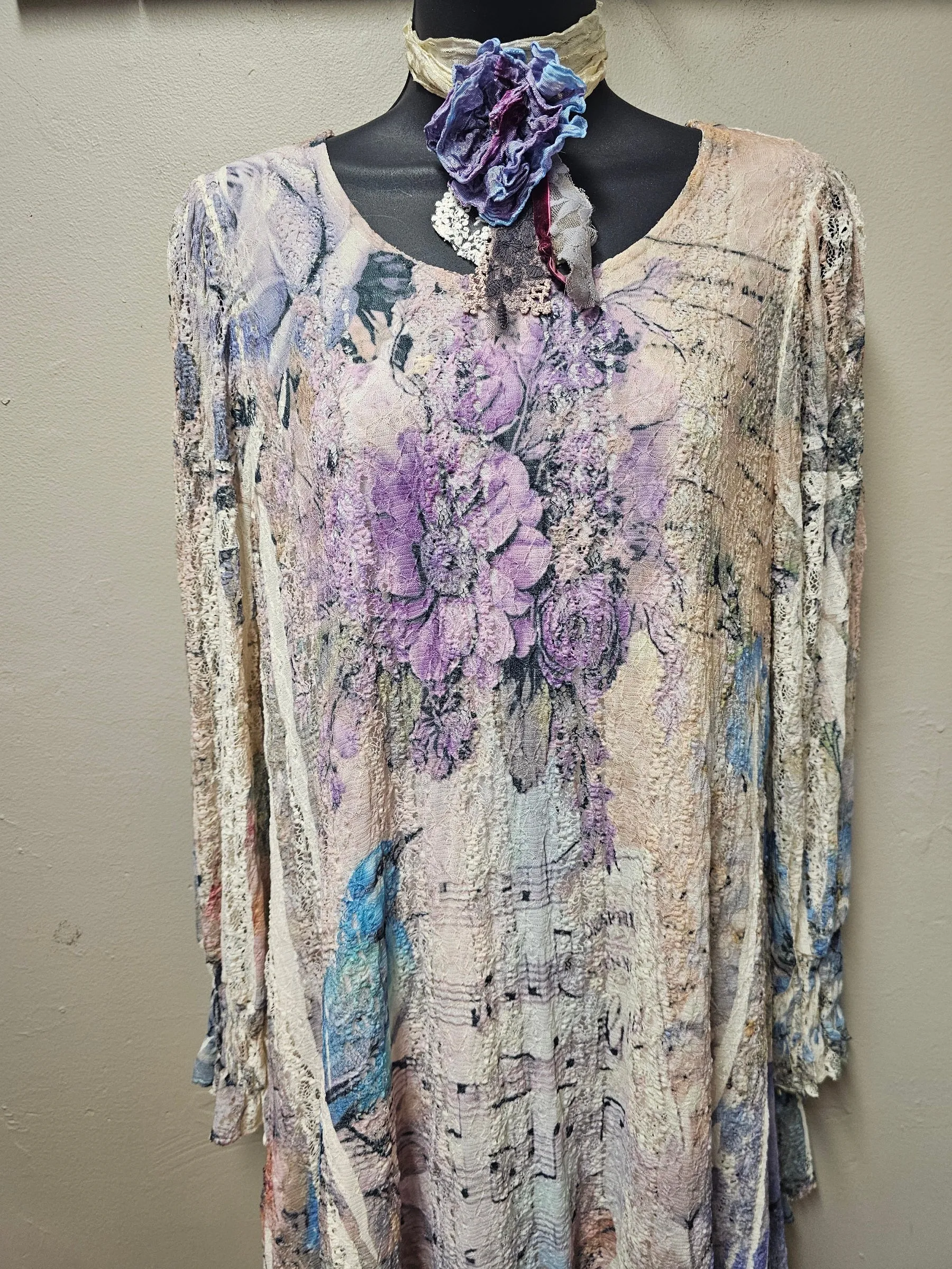 Romantic Purple and Blue Bird and Florals on Elegant Lacey Top