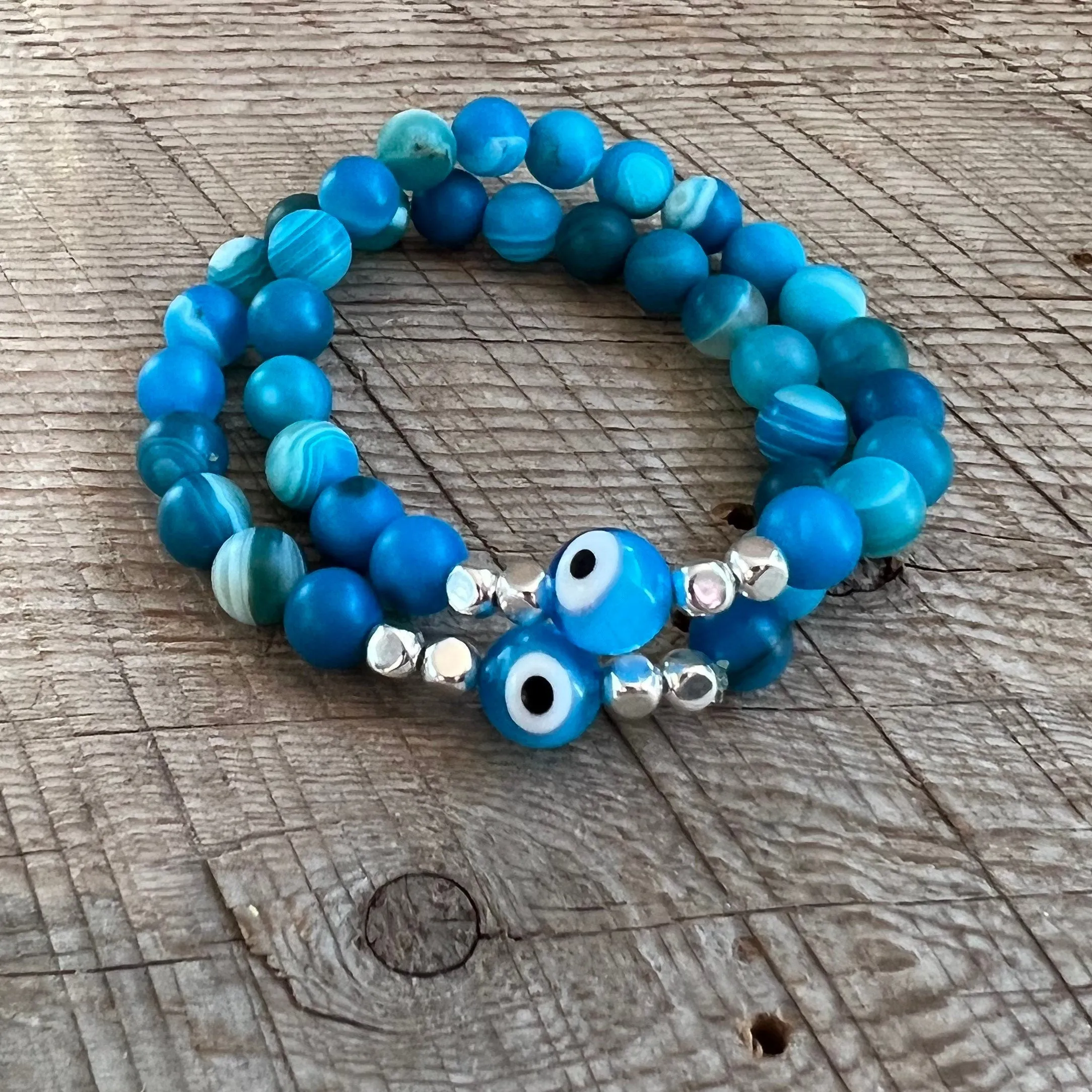 SariBlue® Ultra Blue Agate with Light Blue Evil Eye and Sterling Silver Beads Bracelet