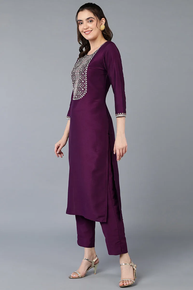 Silk Blend Purple Embroidered Straight Kurta