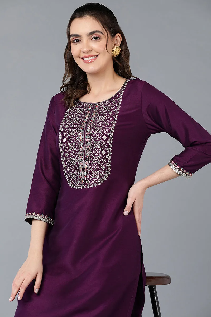 Silk Blend Purple Embroidered Straight Kurta
