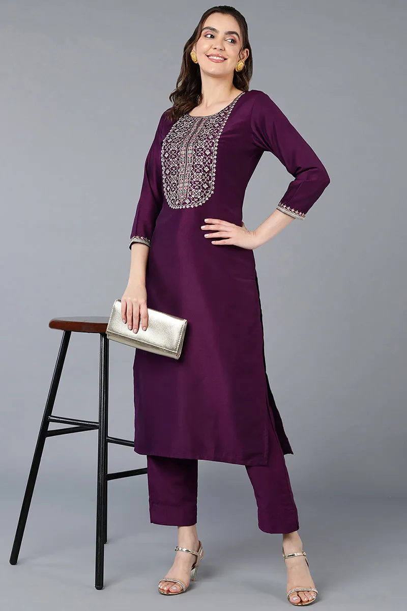 Silk Blend Purple Embroidered Straight Kurta