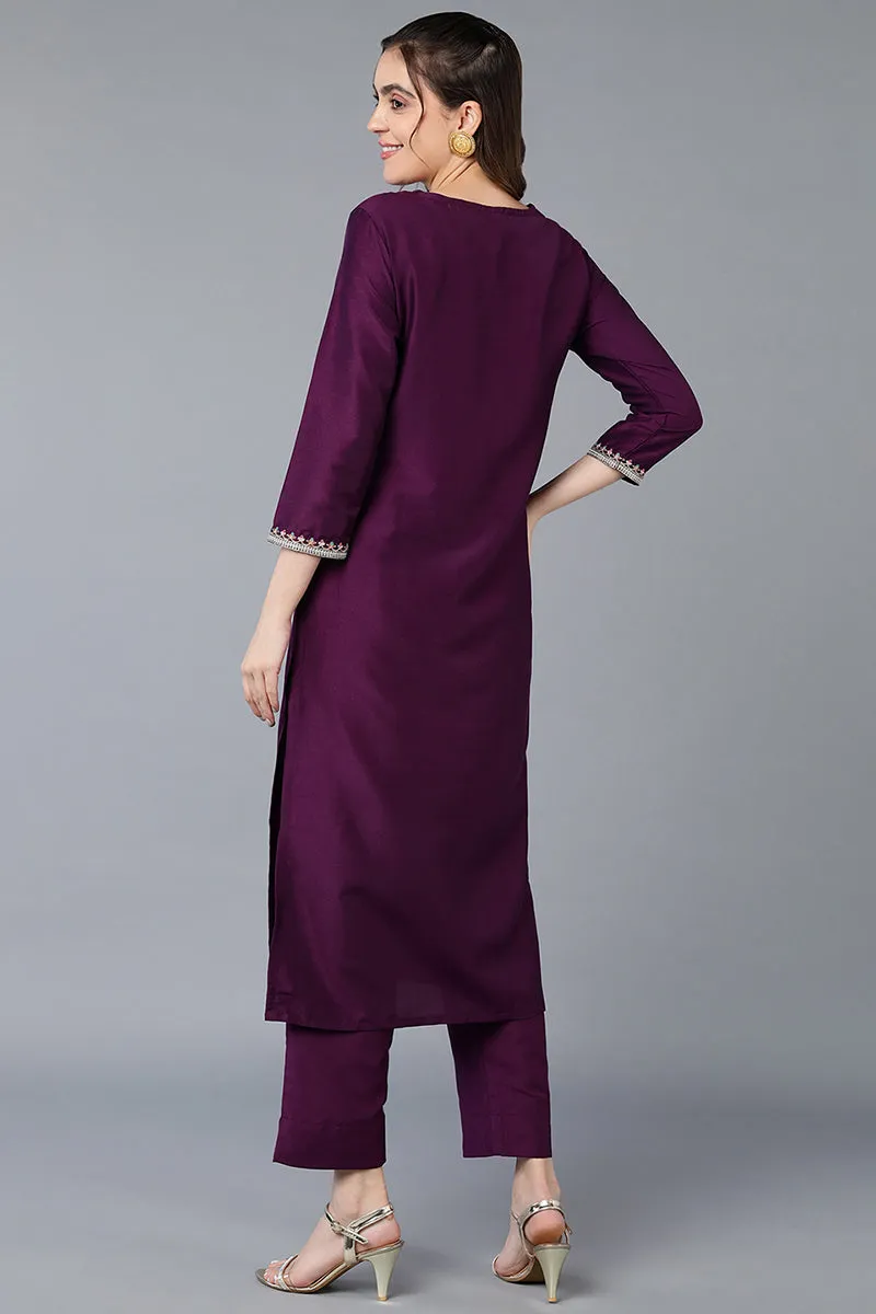Silk Blend Purple Embroidered Straight Kurta