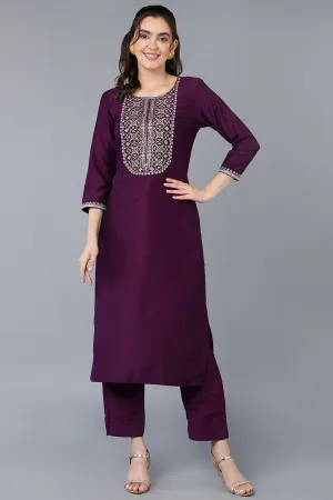 Silk Blend Purple Embroidered Straight Kurta