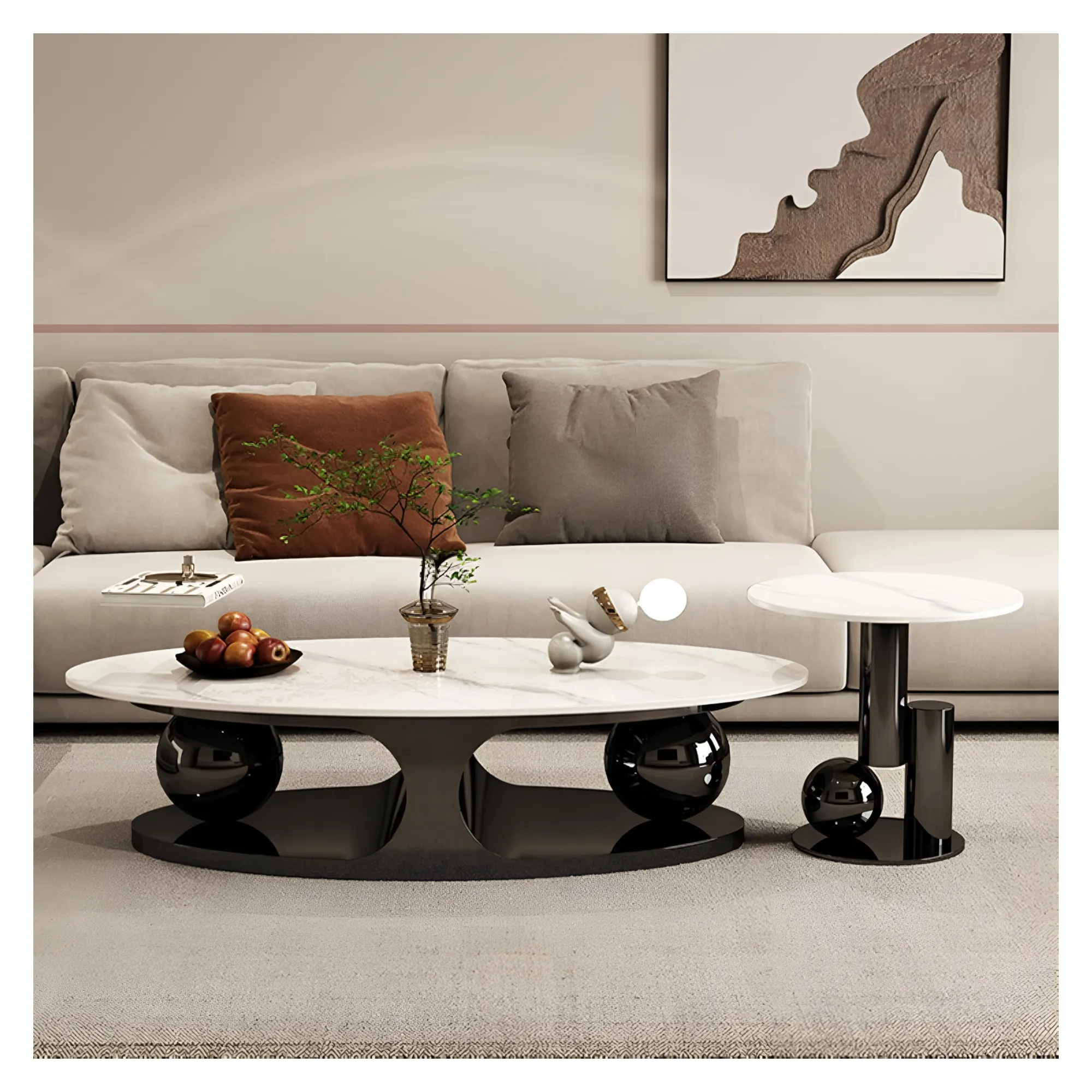 Sintered Stone Oval And Round Coffee Table With Steel Base For Living Room