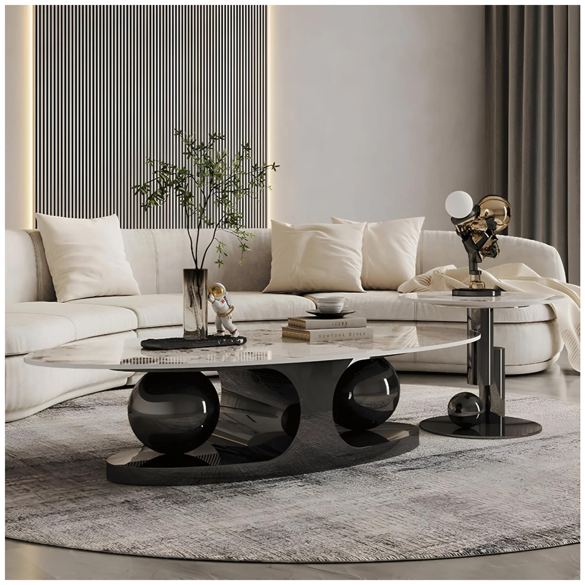 Sintered Stone Oval And Round Coffee Table With Steel Base For Living Room