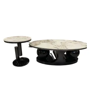 Sintered Stone Oval And Round Coffee Table With Steel Base For Living Room