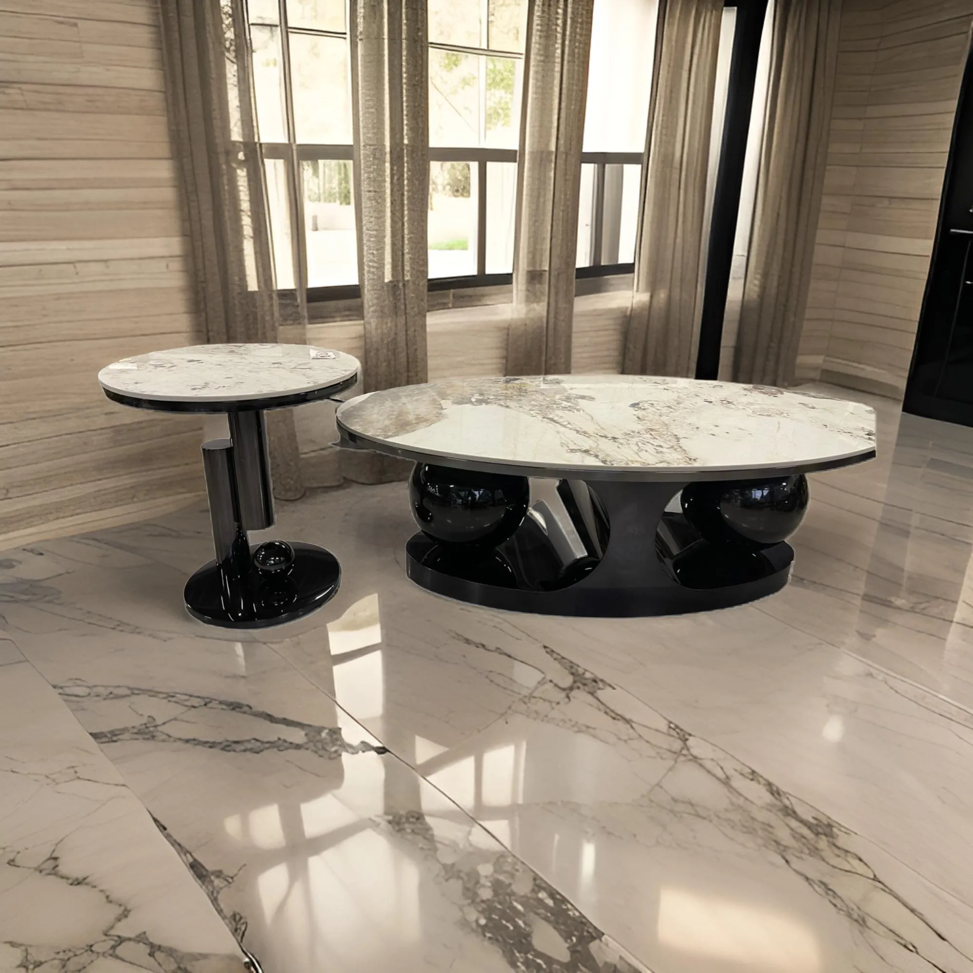 Sintered Stone Oval And Round Coffee Table With Steel Base For Living Room