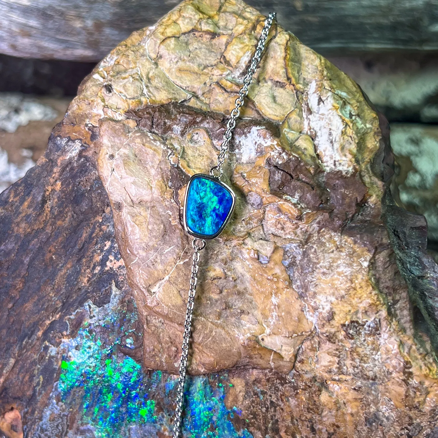 Sterling Silver Blue Green freeform Opal doublet bracelet