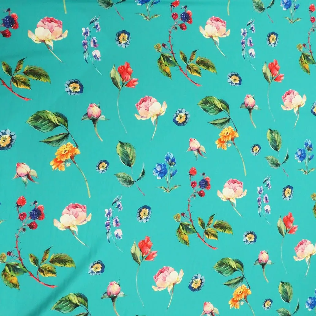 Turquoise Background with Multicolored Floral Printed Fabric