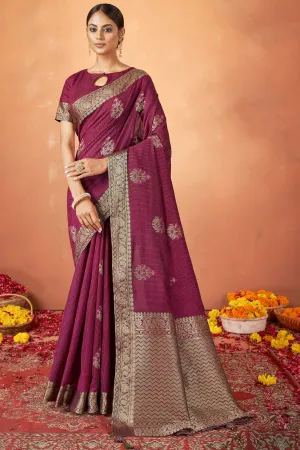 Weaving Work On Maroon Color Aristocratic Tusser Silk Fabric Saree