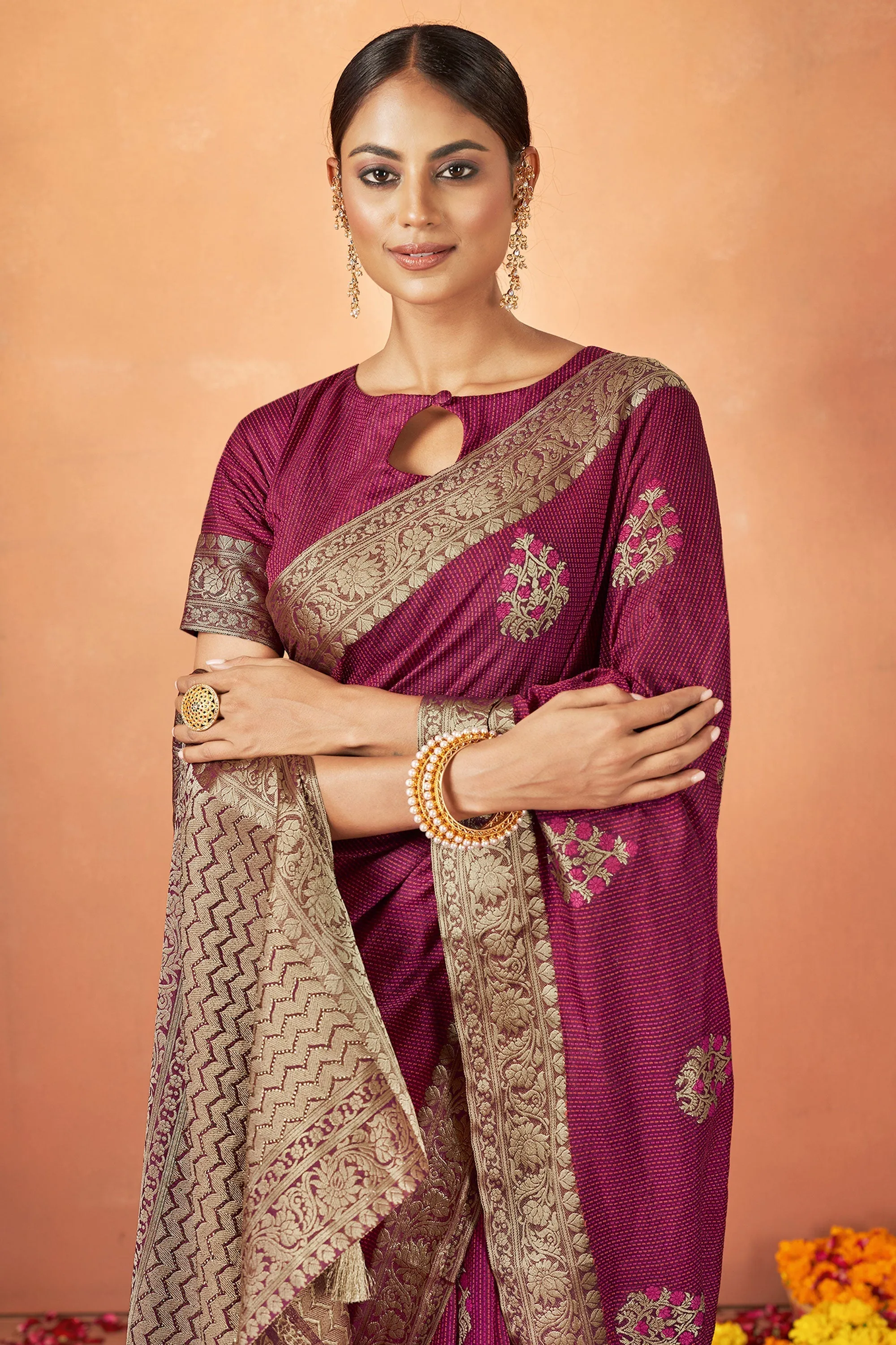 Weaving Work On Maroon Color Aristocratic Tusser Silk Fabric Saree
