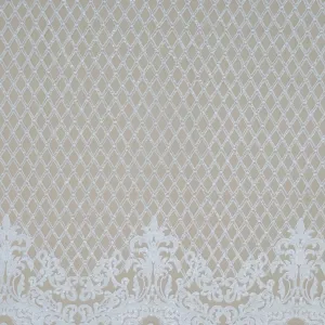 White Beaded Arabesque and Lattice with Pearls on Tulle Fabric
