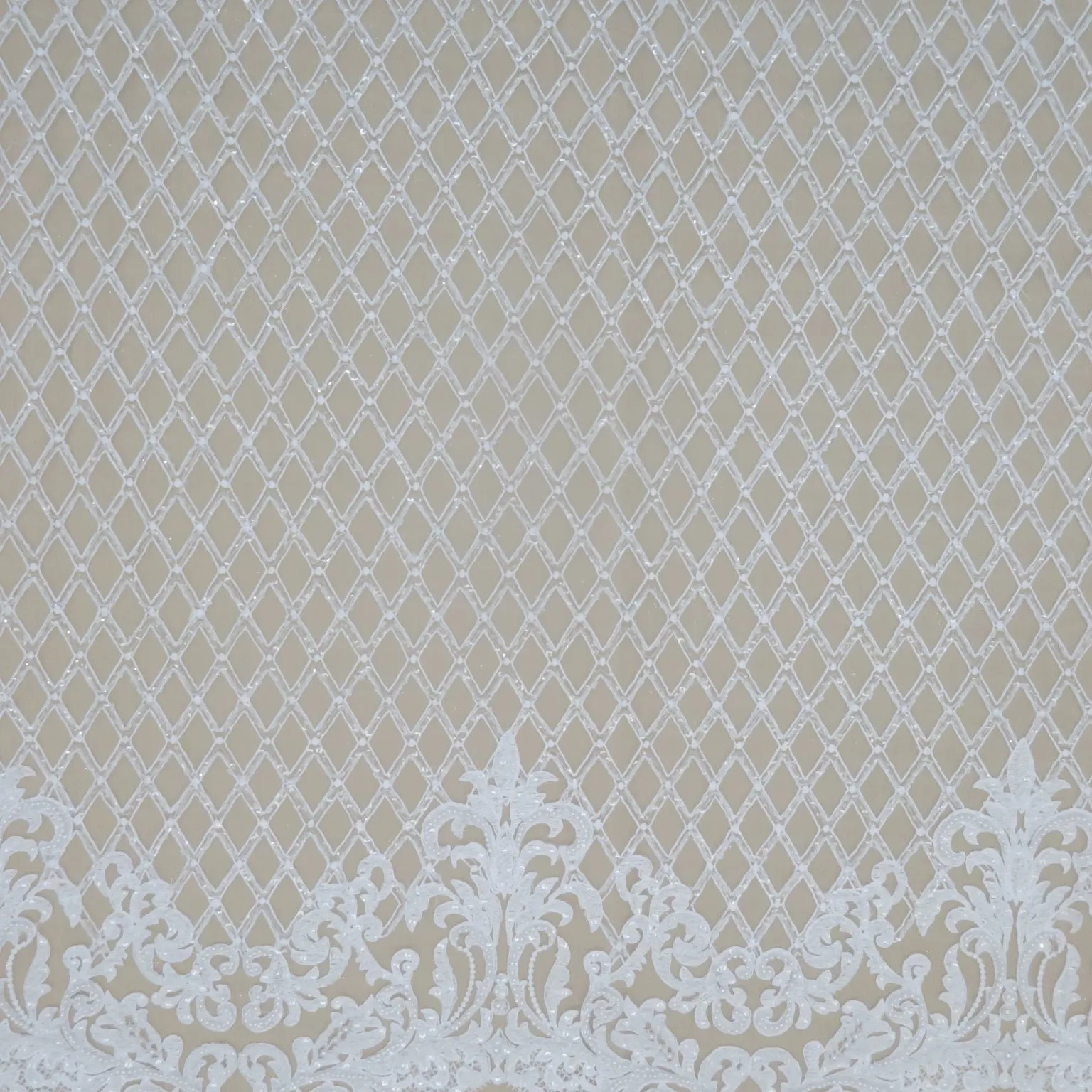 White Beaded Arabesque and Lattice with Pearls on Tulle Fabric