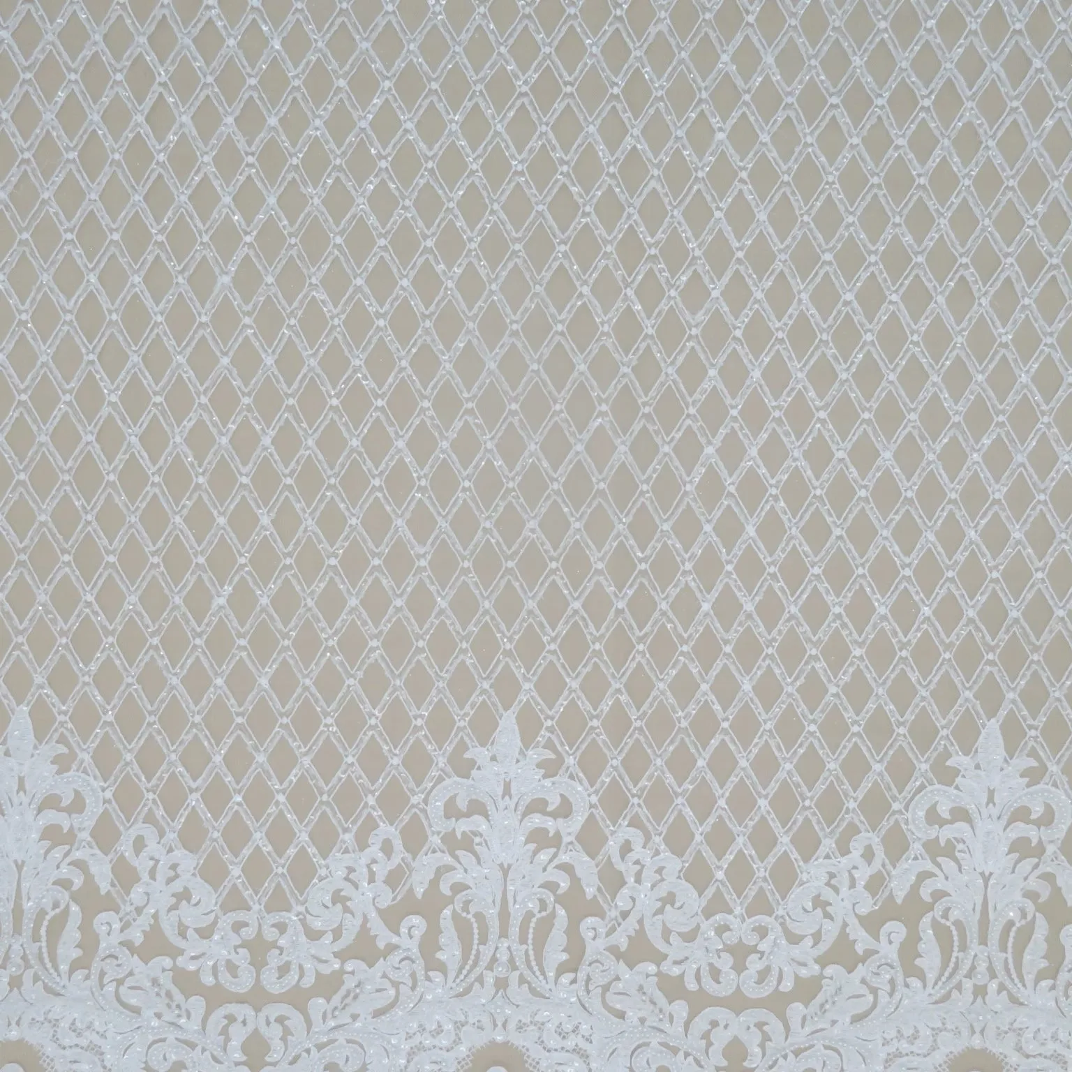 White Beaded Arabesque and Lattice with Pearls on Tulle Fabric