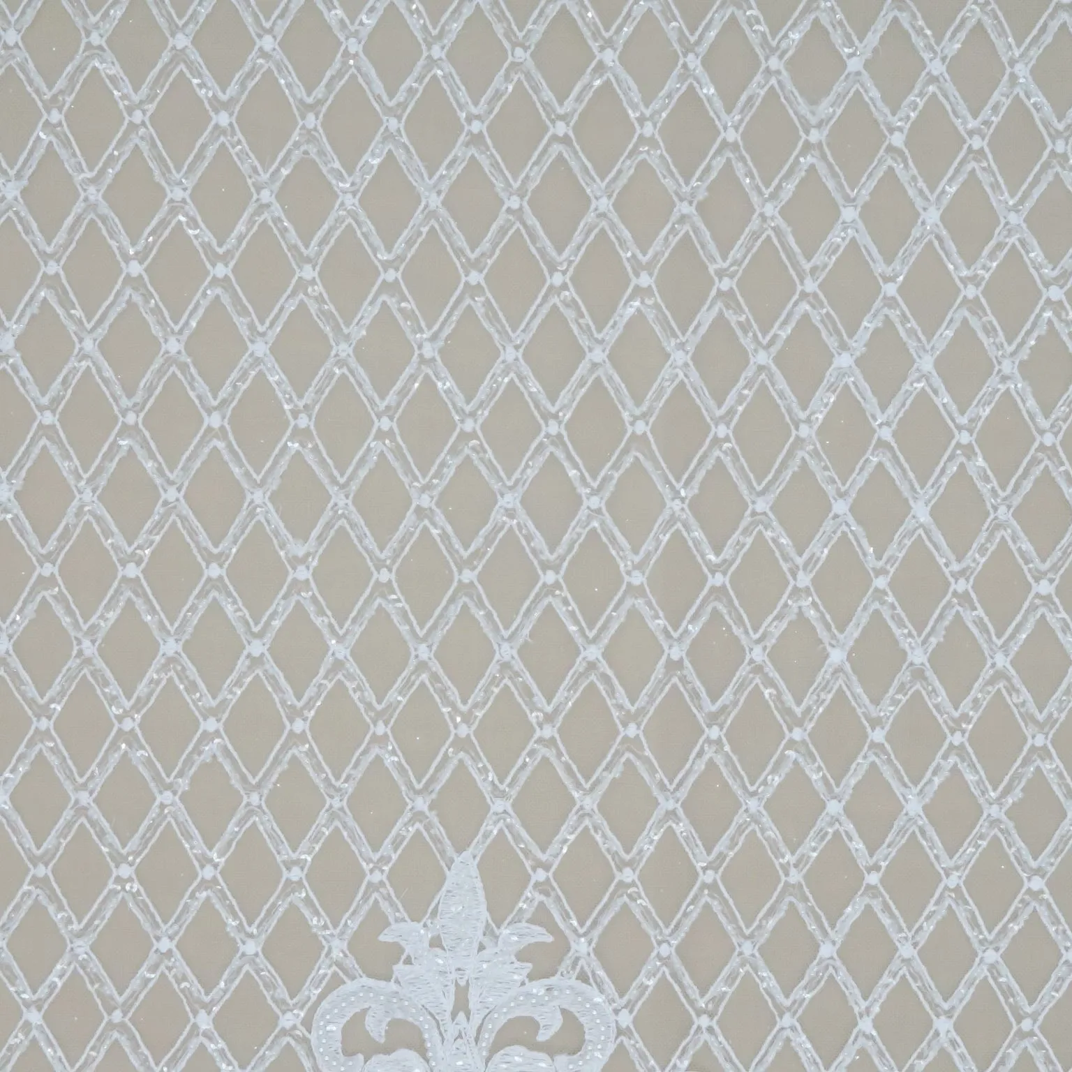 White Beaded Arabesque and Lattice with Pearls on Tulle Fabric