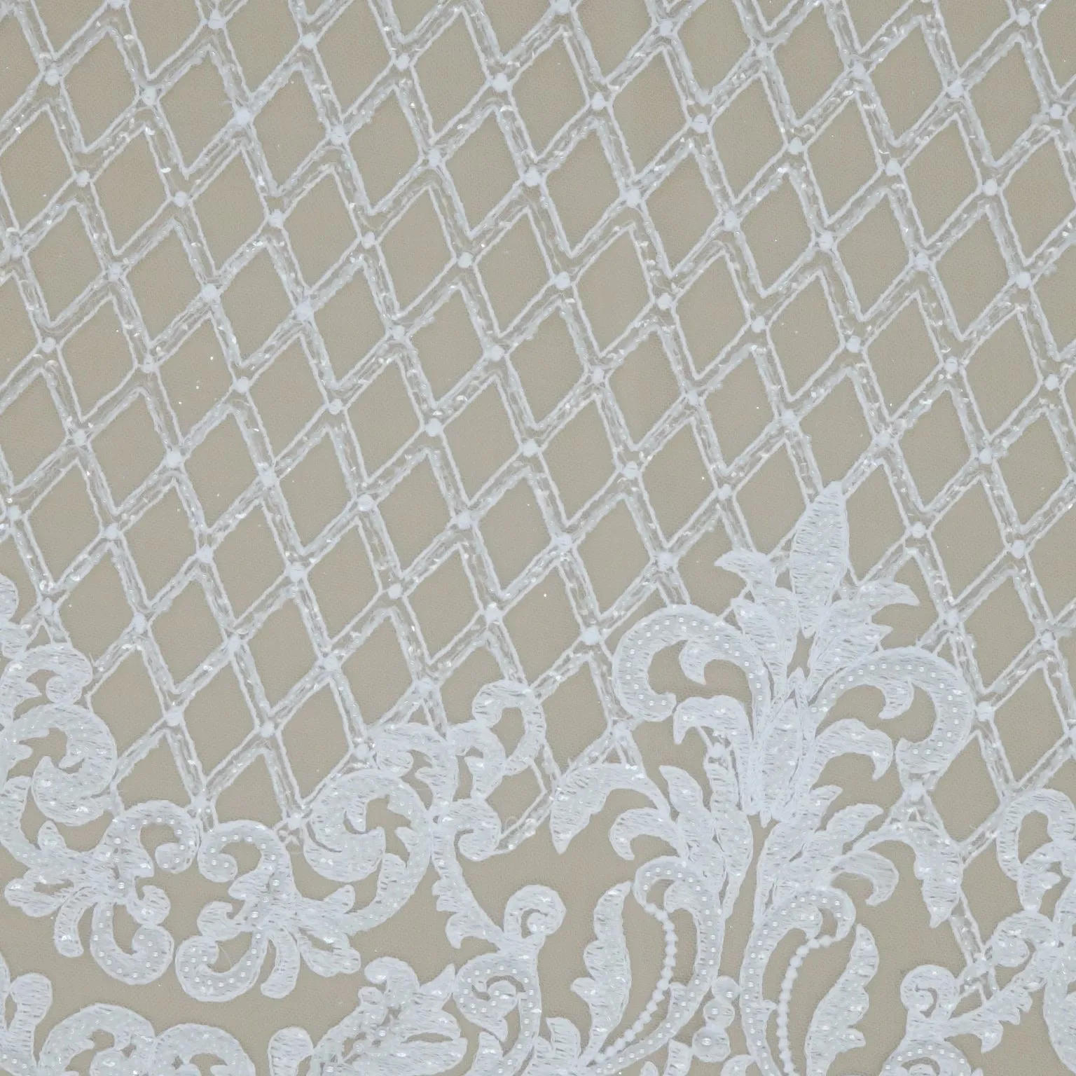 White Beaded Arabesque and Lattice with Pearls on Tulle Fabric