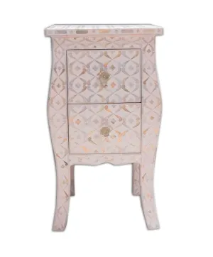 White Mother Of Pearl Inlay Curved 2 Drawer Bedside Quote Design