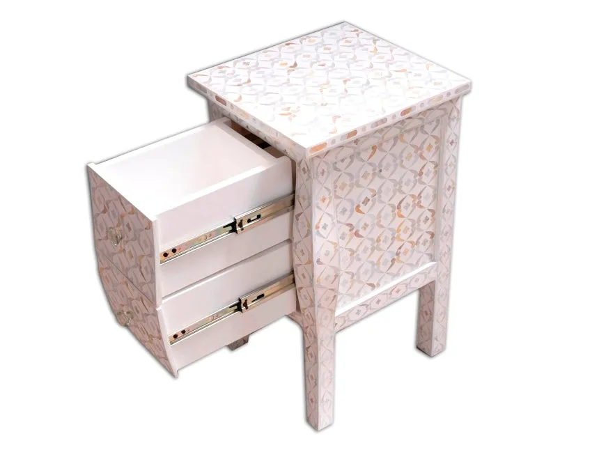 White Mother Of Pearl Inlay Curved 2 Drawer Bedside Quote Design