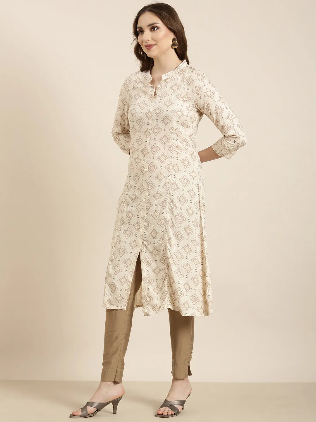 Women A-Line Beige Geometric Kurta