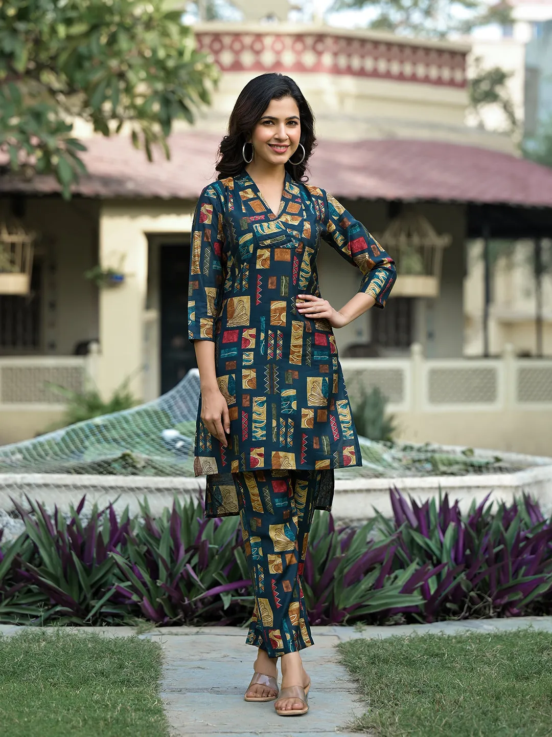 Women Teal Blue Silk Blend Co-Ord Set