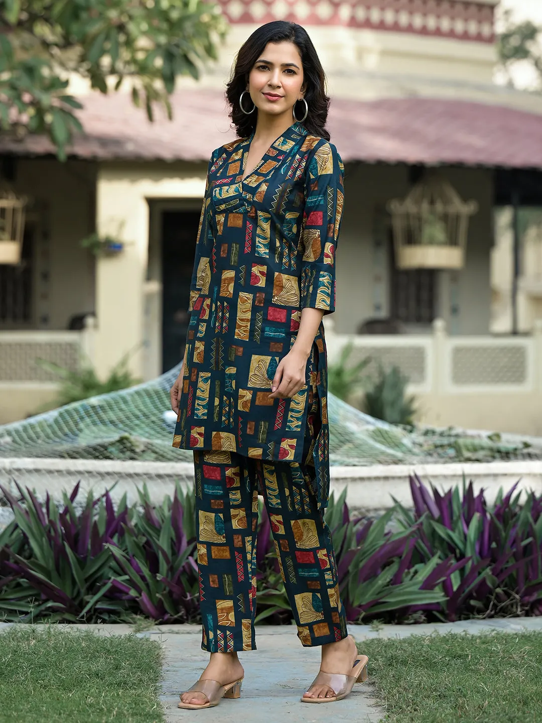 Women Teal Blue Silk Blend Co-Ord Set