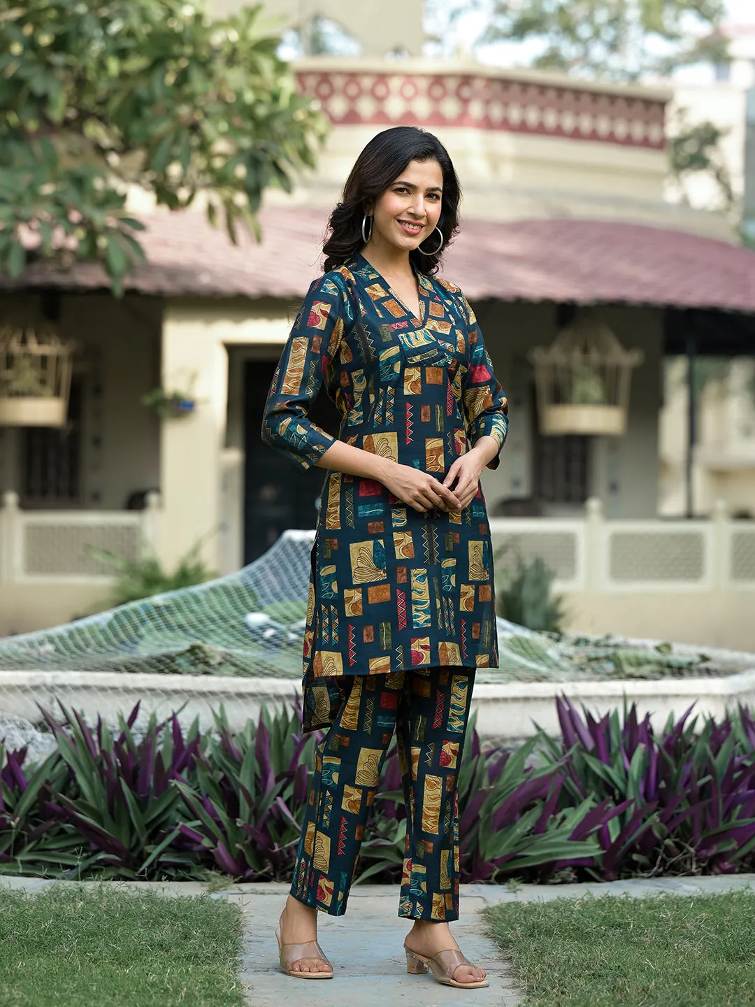 Women Teal Blue Silk Blend Co-Ord Set