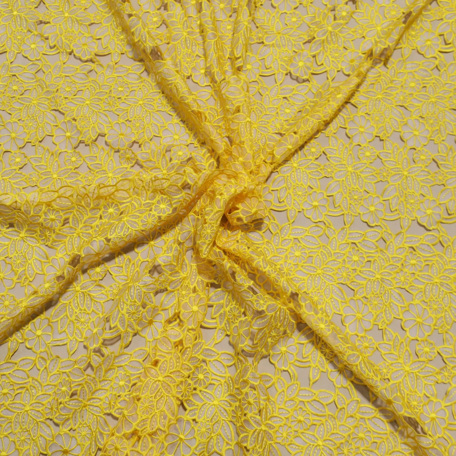 Yellow Floral Embroidered Silk Blend Organza Fabric