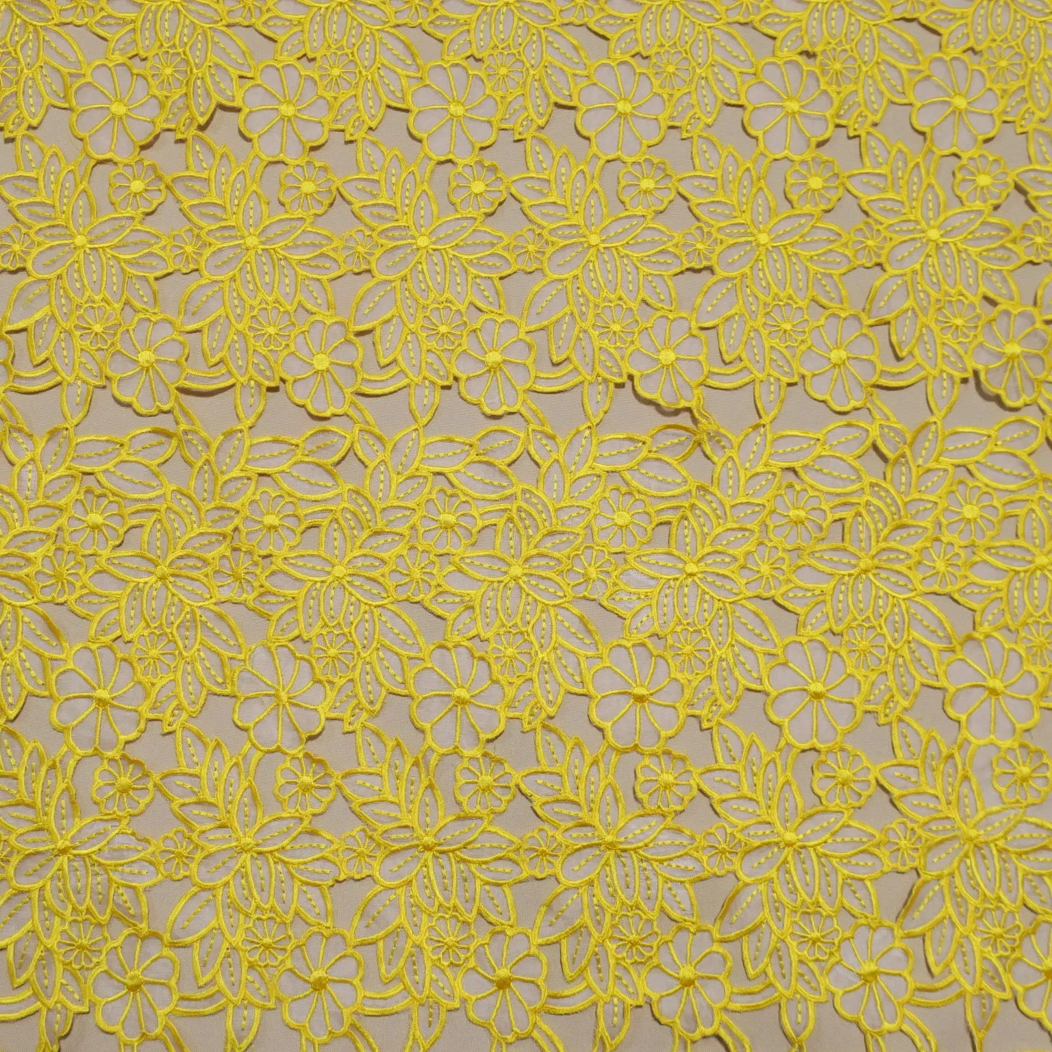 Yellow Floral Embroidered Silk Blend Organza Fabric